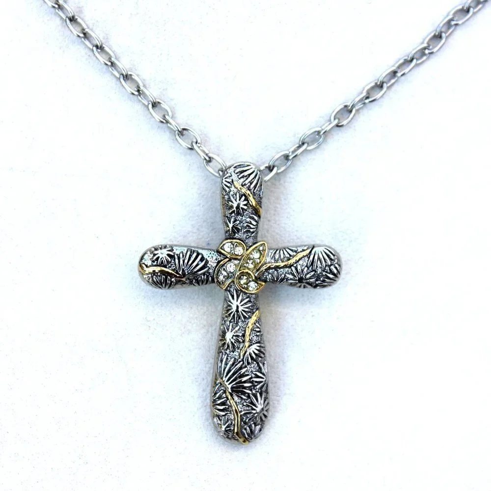 Gold Accent Organic Natural Design Clear Crystal Silver Cross Chain Necklace